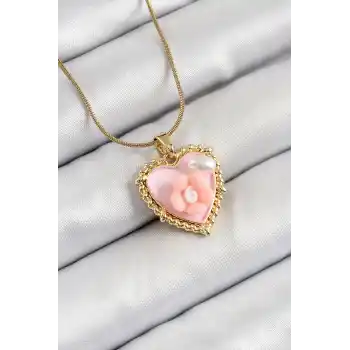 316L Çelik Zincir Pembe Sanatsal Portre İnci Detaylı Papatya Figürlü Kalp Model Gold Renk Kadın Kolye