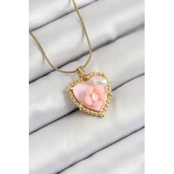 316L Çelik Zincir Pembe Sanatsal Portre İnci Detaylı Papatya Figürlü Kalp Model Gold Renk Kadın Kolye
