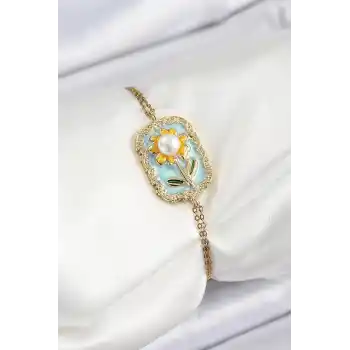 316L Çelik Zincir Turkuaz Mineli Sanatsal Portre İnci Detaylı Papatya Model Gold Renk Kadın Bileklik