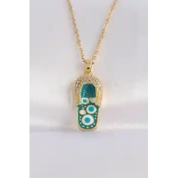 316L Çelik Zincir Zirkon Taşlı Altın Renk Nazarlı Terlik Tasarımlı Kolye