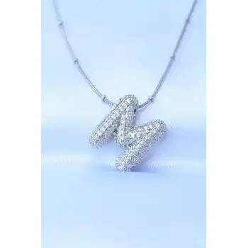 316L Çelik Zincirli Zirkon Taşlı M Harfli Gümüş Renk Bubble Kolye