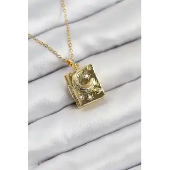 316L Çelik Zirkon Taşlı Açılabilr Kapaklı Kitap Model Gold Renk Kadın Kolye