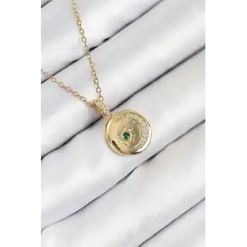 316L Çelik Zirkon Taşlı Ay Ve Güneş Model Gold Renk Kadın Kolye