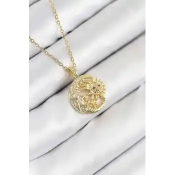 316L Çelik Zirkon Taşlı Ay Ve Güneş Model Gold Renk Kadın Kolye
