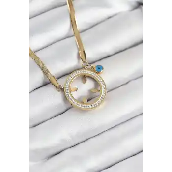 316L Çelik Zirkon Taşlı Çeyrek Takılabilir Gold Renk Kadın Kolye