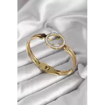 316L Çelik Zirkon Taşlı Çeyrek Takılabilir Model Gold Renk Kadın Kelepçe