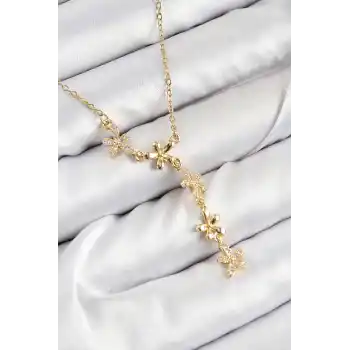 316L Çelik Zirkon Taşlı Çiçek Model Gold Renk Kadın Kolye
