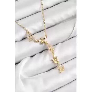 316L Çelik Zirkon Taşlı Çiçek Model Gold Renk Kadın Kolye