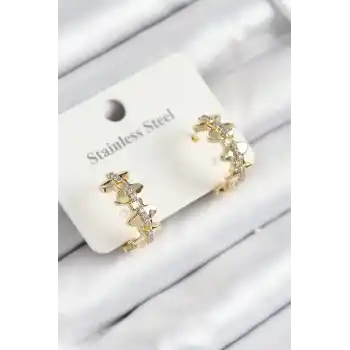 316L Çelik Zirkon Taşlı Çit Halka Model Gold Renk Kadın Küpe