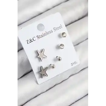 316L Çelik Zirkon Taşlı Deniz Yıldızı Model Gümüş Renk Kadın Set Küpe