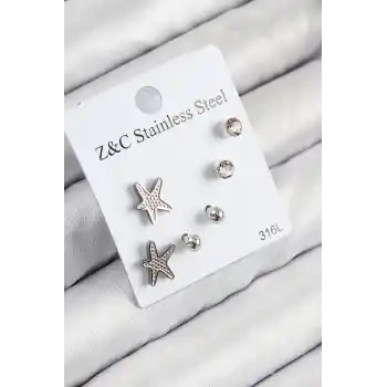 316L Çelik Zirkon Taşlı Deniz Yıldızı Model Gümüş Renk Kadın Set Küpe