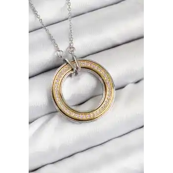 316L Çelik Zirkon Taşlı Dönen Daire Model Gold Ve Gümüş Renk Kadın Kolye