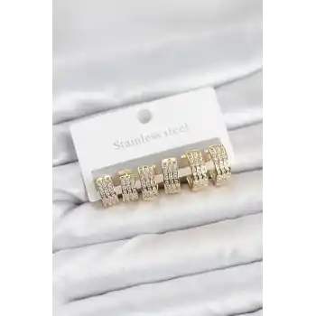 316L Çelik Zirkon Taşlı Gold Halka Küpe Seti
