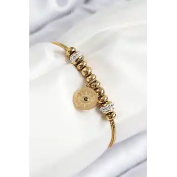 316L Çelik Zirkon Taşlı Göz Charm Model Gold Renk Kadın Bileklik