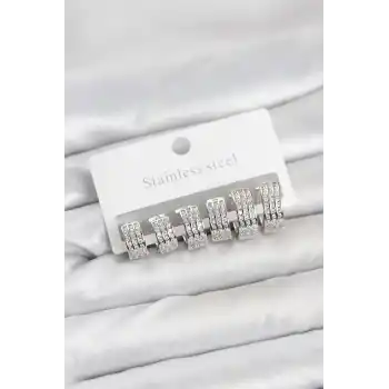 316L Çelik Zirkon Taşlı Gümüş Renk Halka Küpe Seti