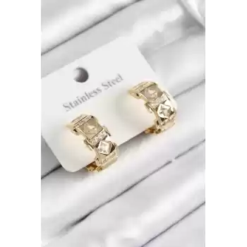 316L Çelik Zirkon Taşlı Halka Model Gold Renk Kadın Küpe