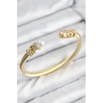 316L Çelik Zirkon Taşlı İnci Model Gold Renk Kadın Bileklik