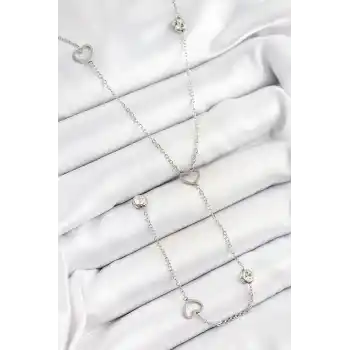 316L Çelik Zirkon Taşlı Kalp Figürlü Y Model Gümüş Renk Kadın Kolye