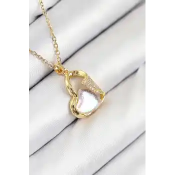 316L Çelik Zirkon Taşlı Kalp Model Gold Renk Kadın Kolye