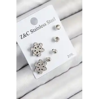 316L Çelik Zirkon Taşlı Kar Tanesi Model Gümüş Renk Kadın Set Küpe