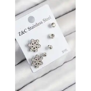 316L Çelik Zirkon Taşlı Kar Tanesi Model Gümüş Renk Kadın Set Küpe