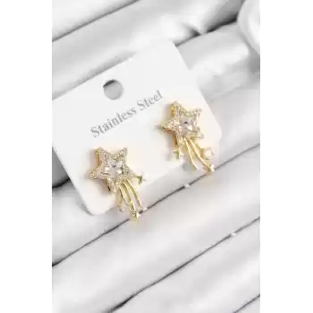 316L Çelik Zirkon Taşlı Kayan Yıldız Model Gold Renk Kadın Küpe