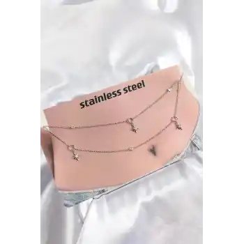 316L Çelik Zirkon Taşlı Kutup Yıldızı Model Gümüş Renk Göbek Zinciri