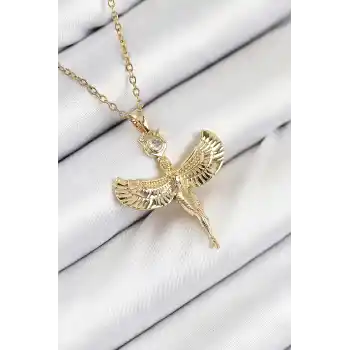 316L Çelik Zirkon Taşlı Melek Model Gold Renk Kadın Kolye