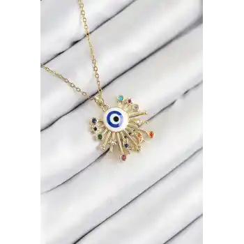 316L Çelik Zirkon Taşlı Nazar Model Gold Renk Kadın Kolye