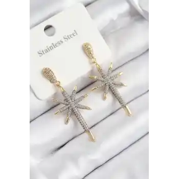 316L Çelik Zirkon Taşlı Pusula Yıldızı Model Gold Ve Gümüş Renk Kadın Küpe