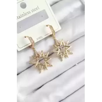 316L Çelik Zirkon Taşlı Sallantılı Yıldız Model Gold Renk Kadın Küpe
