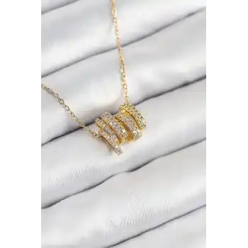 316L Çelik Zirkon Taşlı Sarmal Model Gold Renk Kadın Kolye
