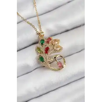 316L Çelik Zirkon Taşlı Tavus Kuşu Model Gold Renk Kadın Kolye
