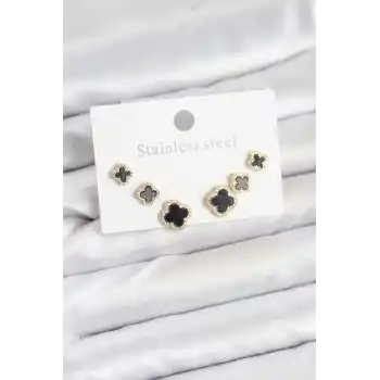 316L Çelik Zirkon Taşlı Yonca Model Kadın Küpe Seti