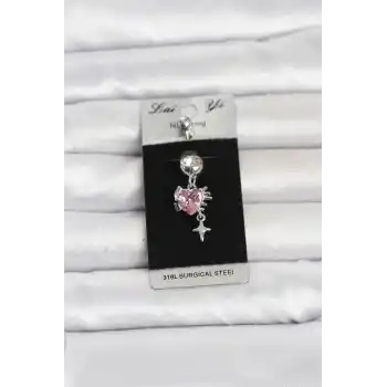 316L Cerrahi Çelik Pembe Zirkon Taşlı Model Göbek Piercing