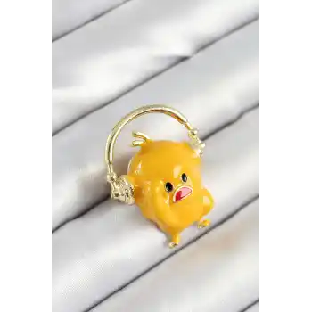 3D Kulaklıklı Sarı Civciv Figürlü Gold Renk Kadın Broş