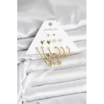 6 Çift Kadın Küpe Seti Gold Renk