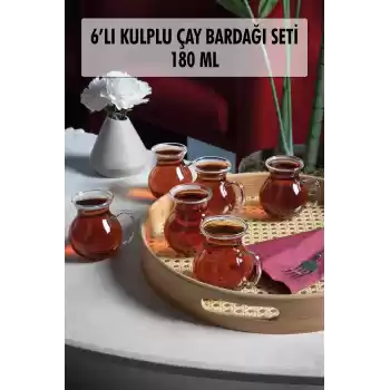 6lı Keyfi Ala Borosilikat Cam Kulplu Çay Bardağı