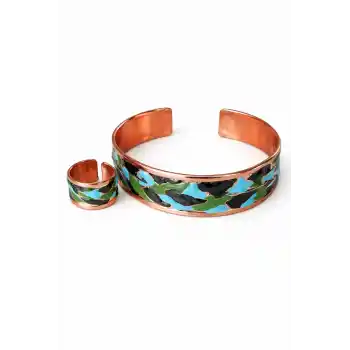 Bakır Desenli Ayarlanabilir Bileklik ve Yüzük Seti 1025