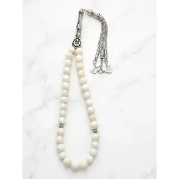 8 mm Beyaz Sedef Doğal Taş Tesbih - Ay Yıldız İmame ve Mevlevi  figürlü