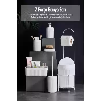 7 Parça Beyaz Banyo Seti Metal Stantlı Kovalı Wc Kağıtlık Kozmetik Kutusu Diş Fırçalık Ve Sabunlukla
