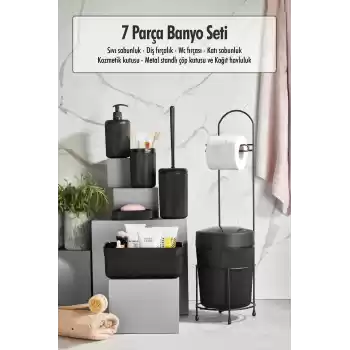 7 Parça Siyah Banyo Seti Metal Stantlı Kovalı Wc Kağıtlık Kozmetik Kutusu Diş Fırçalık Ve Sabunlukla
