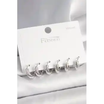 925 Ayar Gümüş Çivi Pirinç Gümüş Renk İşlemeli Halka Model Kadın Küpe Seti