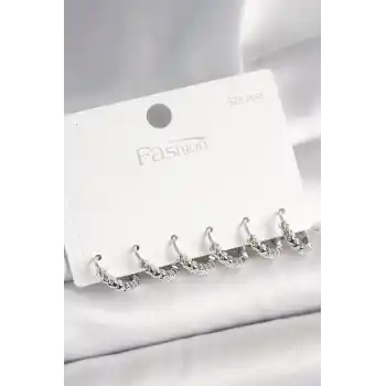 925 Ayar Gümüş Çivi Pirinç Gümüş Renk Kalp İşlemeli Halka Model Kadın Küpe Seti