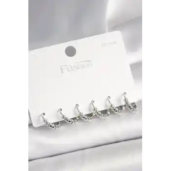 925 Ayar Gümüş Çivi Pirinç Gümüş Renk Kalp İşlemeli Halka Model Kadın Küpe Seti