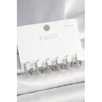 925 Ayar Gümüş Çivi Pirinç Gümüş Renk Sarmal Halka Model Kadın Küpe Seti