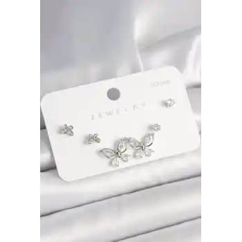 925 Ayar Gümüş Çivi Pirinç Gümüş Renk Zirkon Taşlı Kelebek Model Kadın Küpe Seti