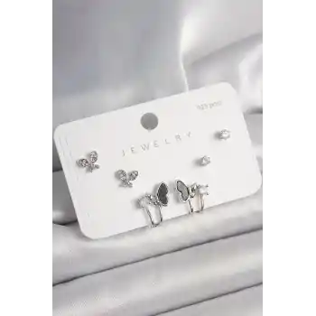 925 Ayar Gümüş Çivi Pirinç Gümüş Renk Zirkon Taşlı Kelebek Model Kadın Küpe Seti