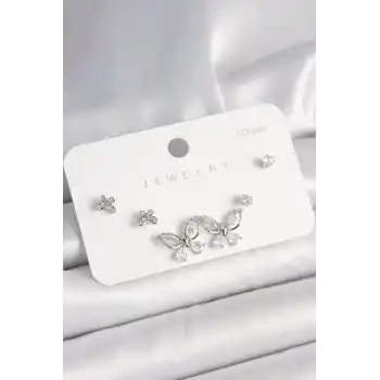 925 Ayar Gümüş Çivi Pirinç Gümüş Renk Zirkon Taşlı Kelebek Model Kadın Küpe Seti