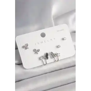 925 Ayar Gümüş Çivi Pirinç Gümüş Renk Zirkon Taşlı Kelebek Model Kadın Küpe Seti